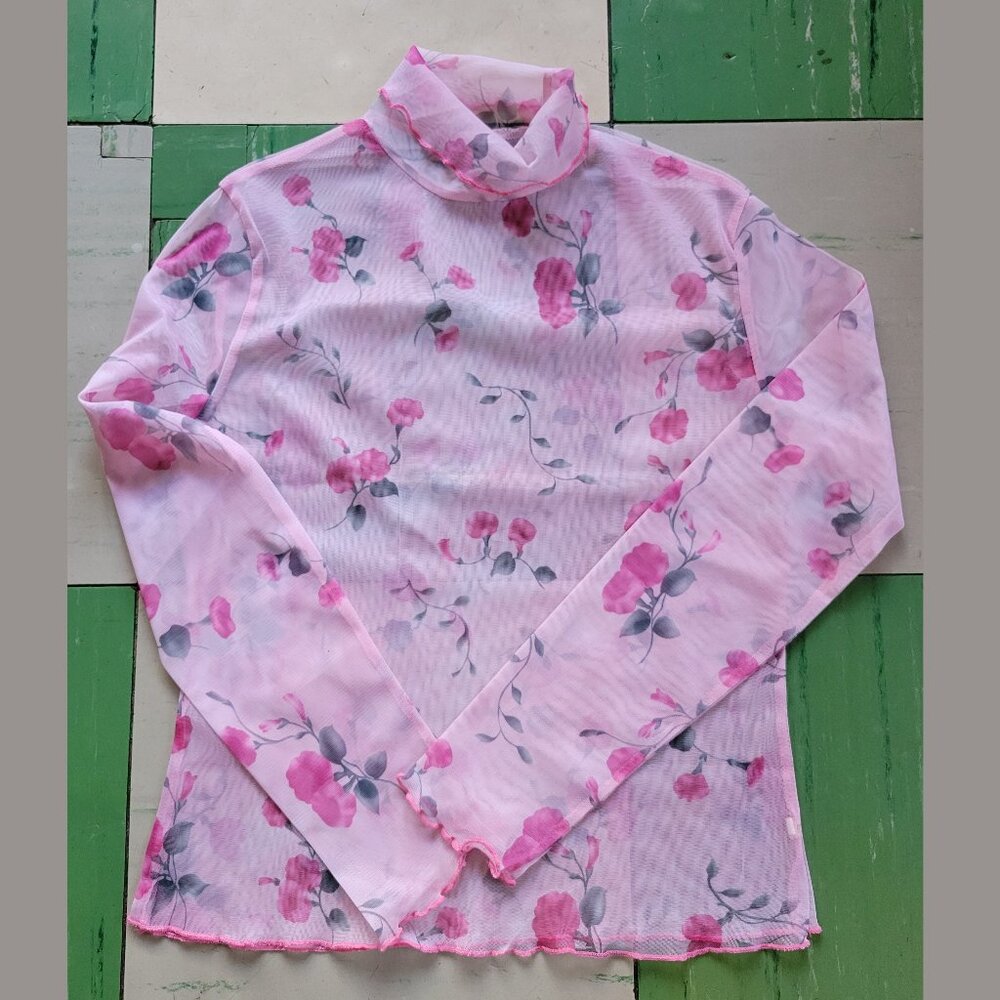 Vintage 90S Y2K Floral Printed Sheer Long Sleeve Top Stretchy Size S